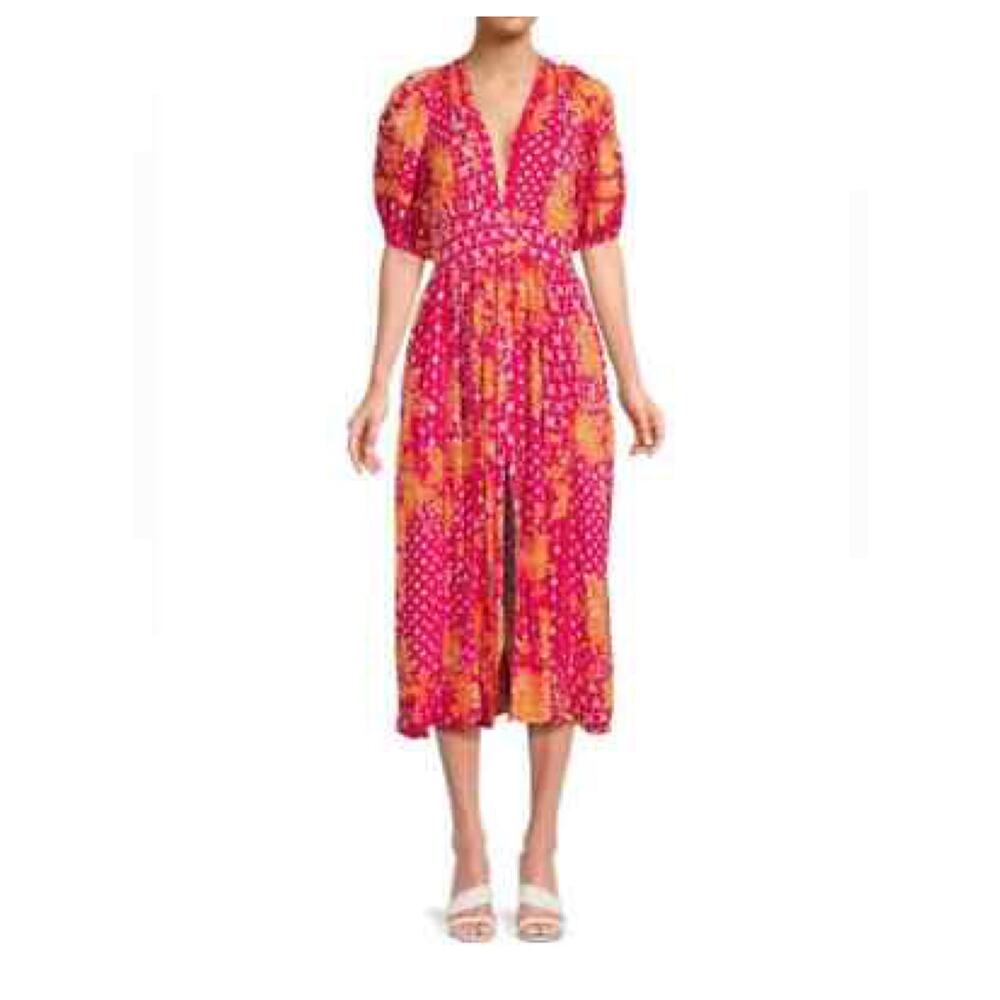 NEW Poupette St. Barth Reine Shirt Dress Fuchsia Pockets Midi Floral Cotton S